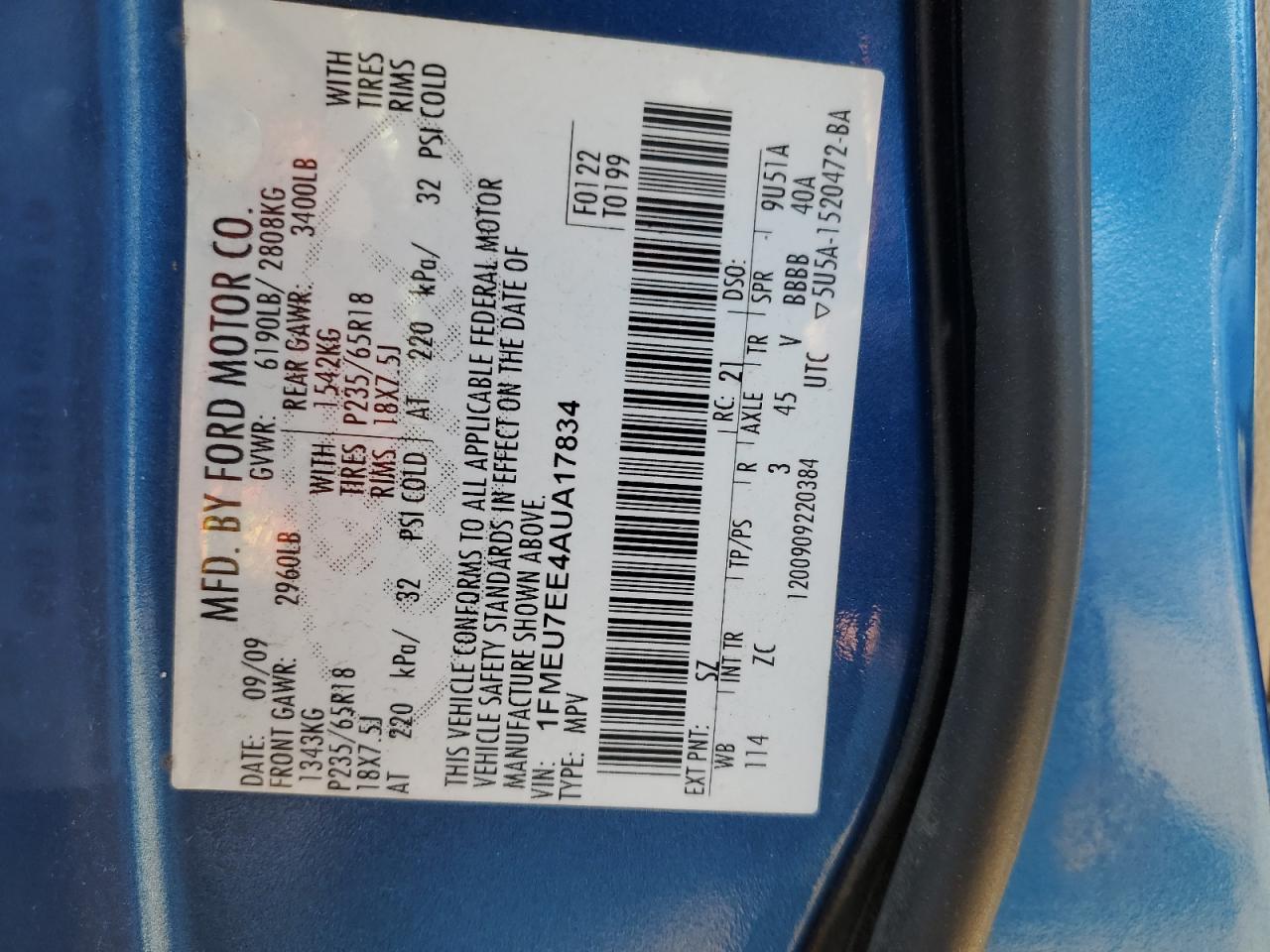 2010 Ford Explorer Eddie Bauer VIN: 1FMEU7EE4AUA17834 Lot: 92241415