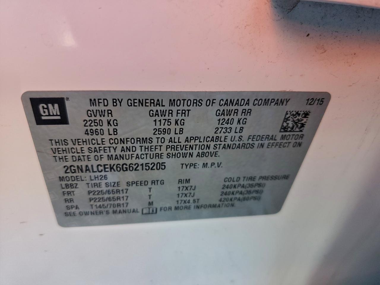 2016 Chevrolet Equinox Lt VIN: 2GNALCEK6G6215205 Lot: 94183955