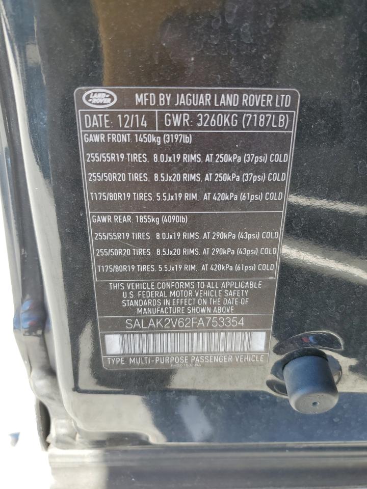 2015 Land Rover Lr4 Hse Luxury VIN: SALAK2V62FA753354 Lot: 92238335