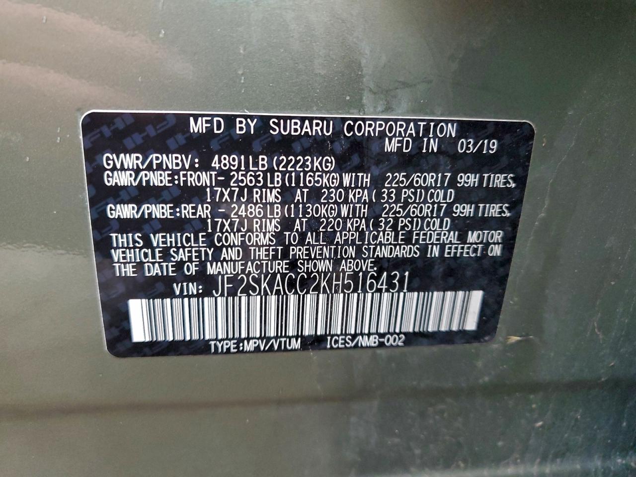 2019 Subaru Forester VIN: JF2SKACC2KH516431 Lot: 93153415