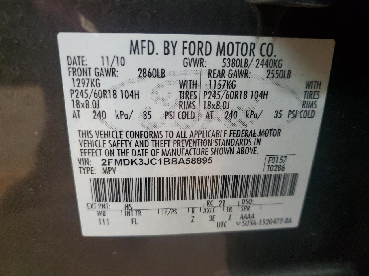 2011 Ford Edge Sel VIN: 2FMDK3JC1BBA58895 Lot: 91666535