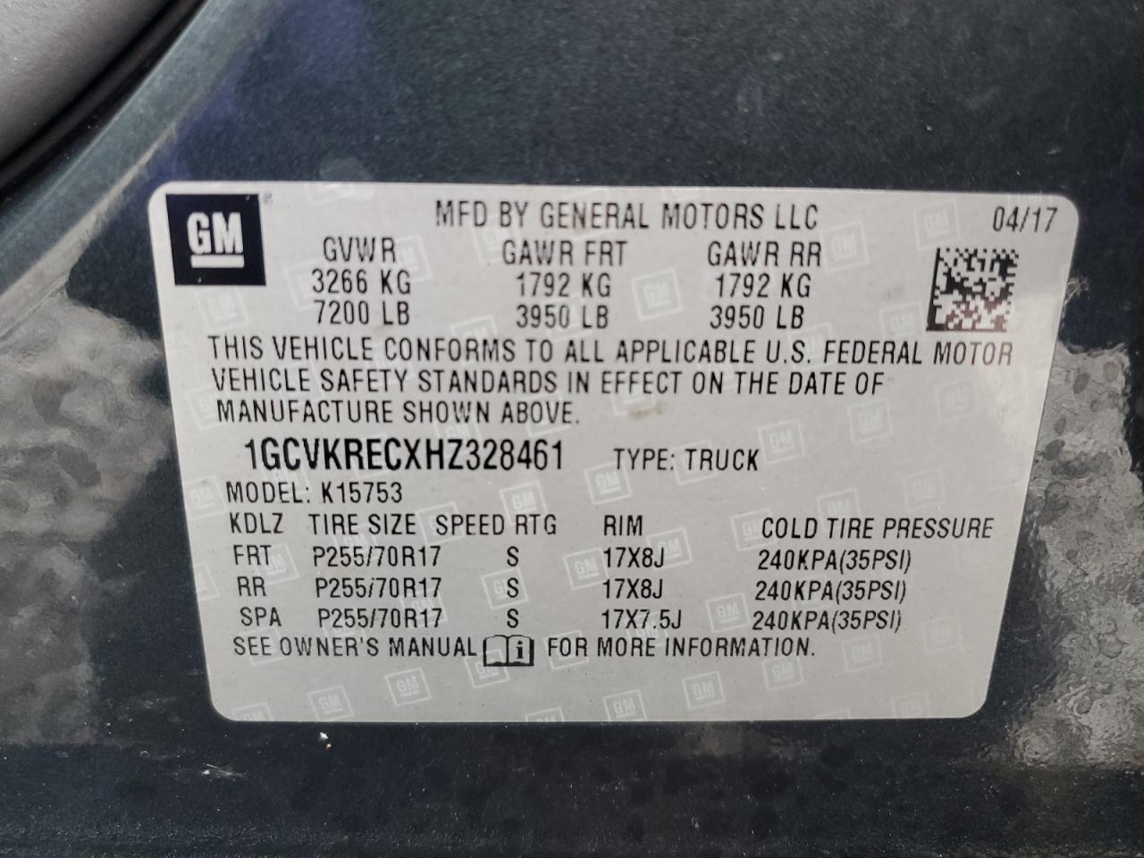 2017 Chevrolet Silverado K1500 Lt VIN: 1GCVKRECXHZ328461 Lot: 93726095