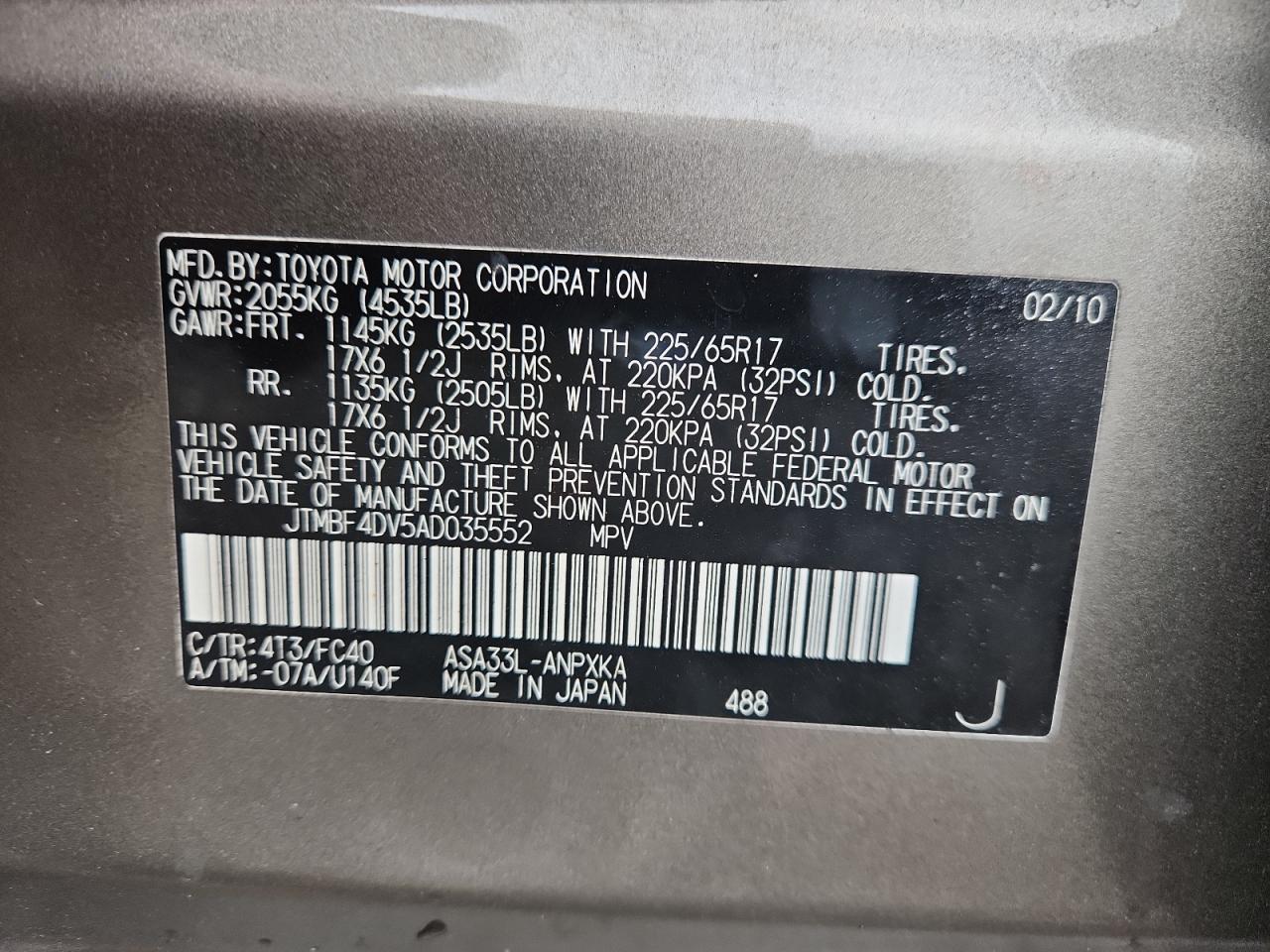 2010 Toyota Rav4 VIN: JTMBF4DV5AD035552 Lot: 93404485