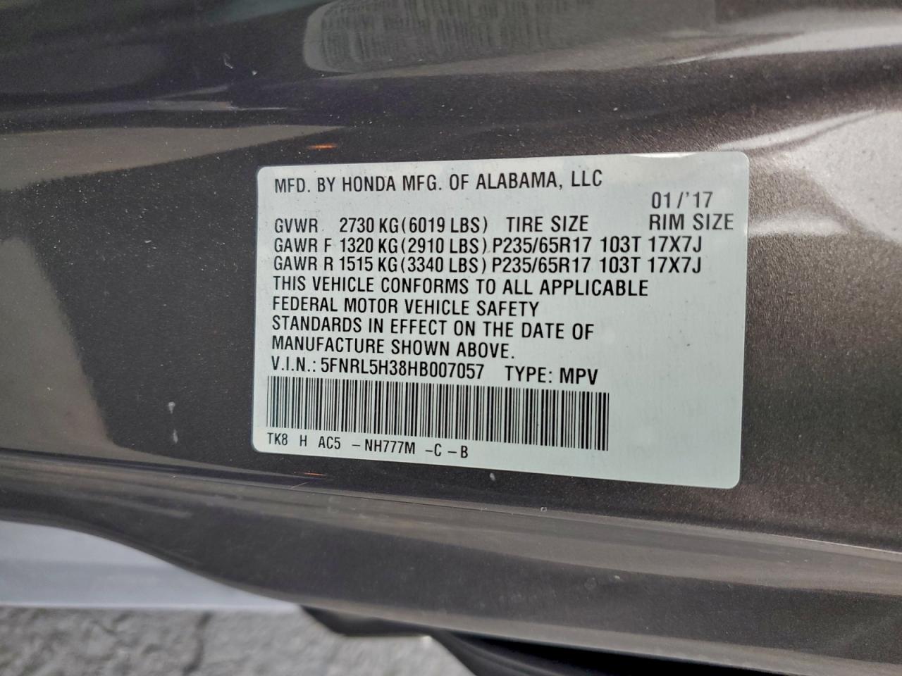 2017 Honda Odyssey Se VIN: 5FNRL5H38HB007057 Lot: 94756315