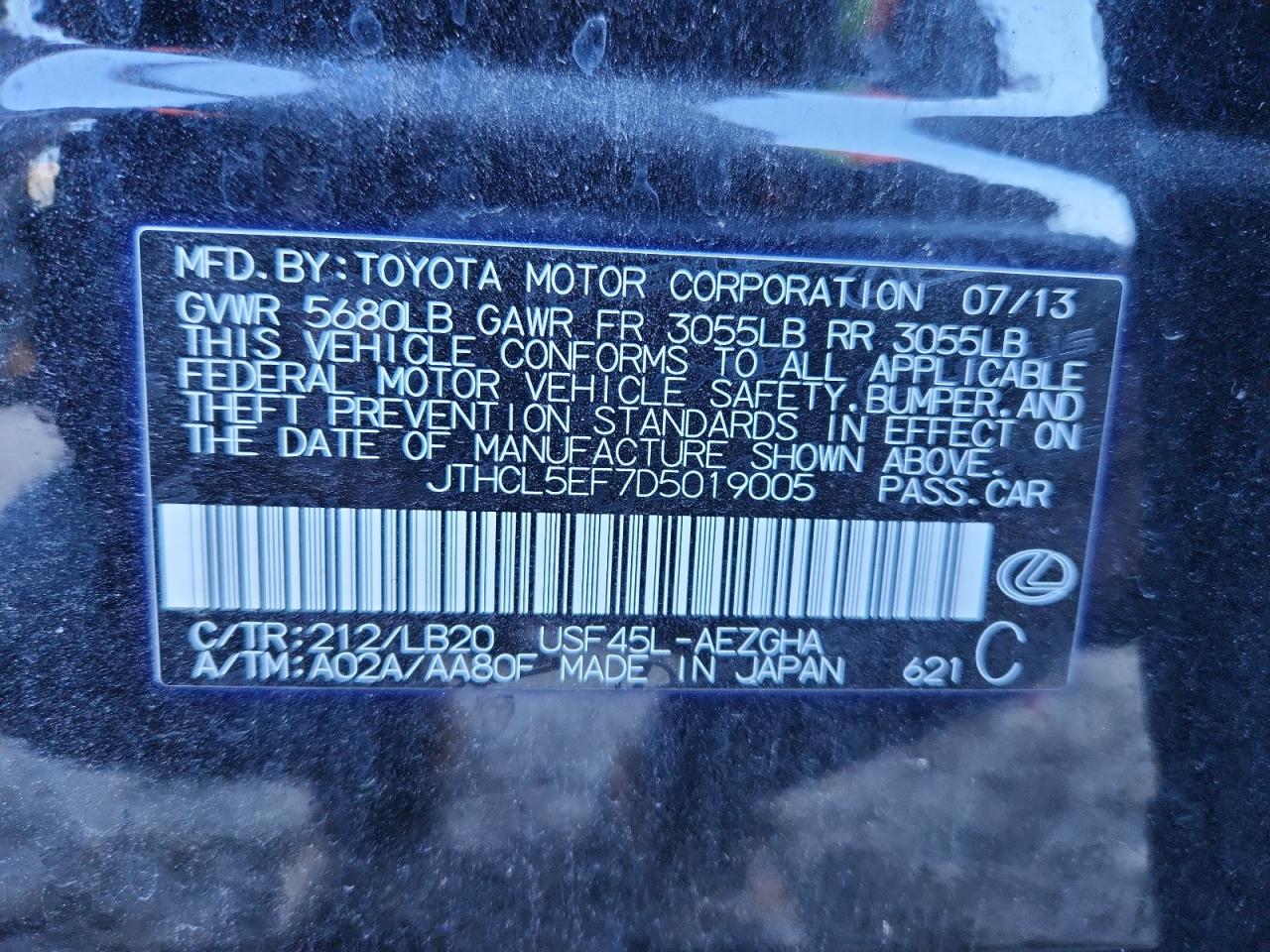 2013 Lexus Ls 460 VIN: JTHCL5EF7D5019005 Lot: 92431345