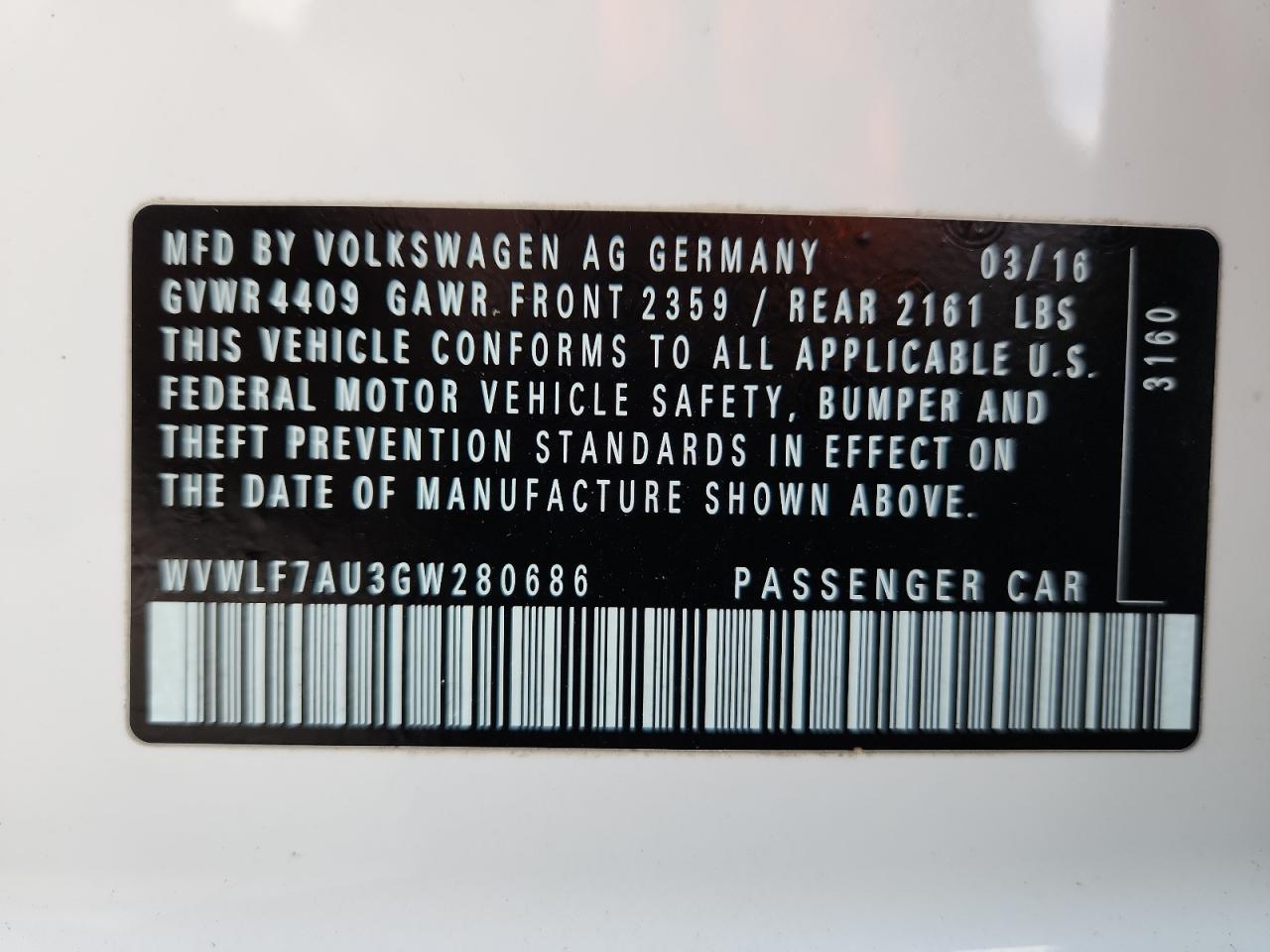 2016 Volkswagen Golf R VIN: WVWLF7AU3GW280686 Lot: 92113765