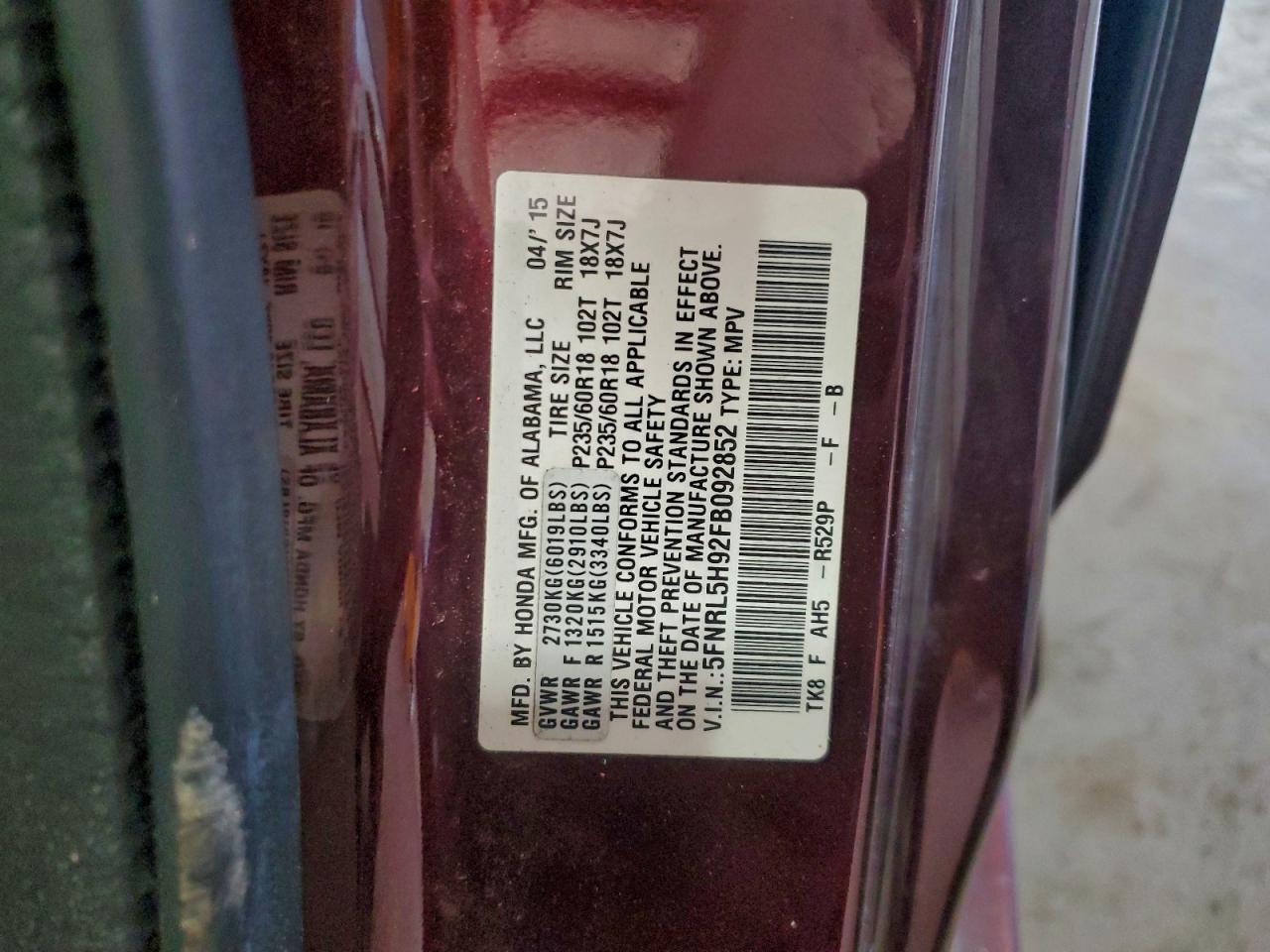 2015 Honda Odyssey Touring VIN: 5FNRL5H92FB092852 Lot: 94686355