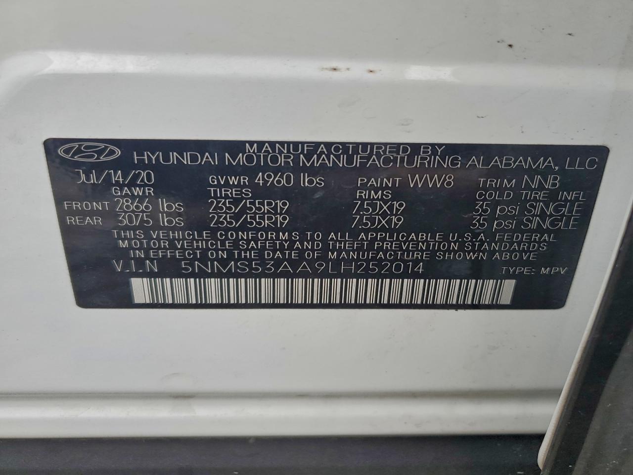 2020 Hyundai Santa Fe Limited VIN: 5NMS53AA9LH252014 Lot: 93911775