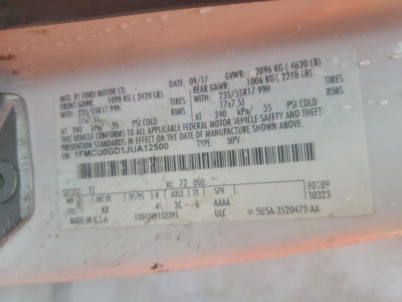 2018 Ford Escape Se VIN: 1FMCU0GD1JUA12500 Lot: 92675015