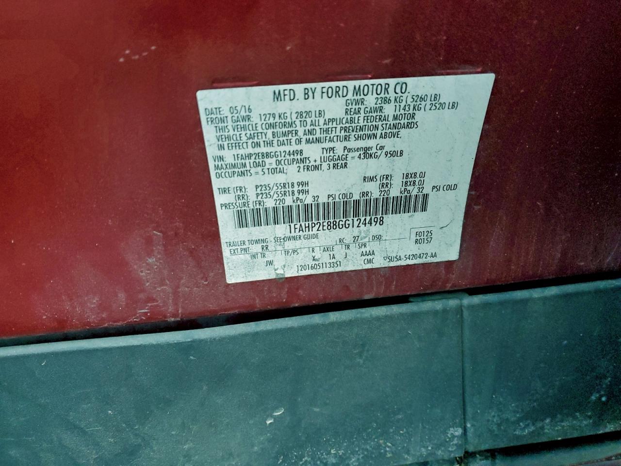 2016 Ford Taurus Sel VIN: 1FAHP2E88GG124498 Lot: 94717085