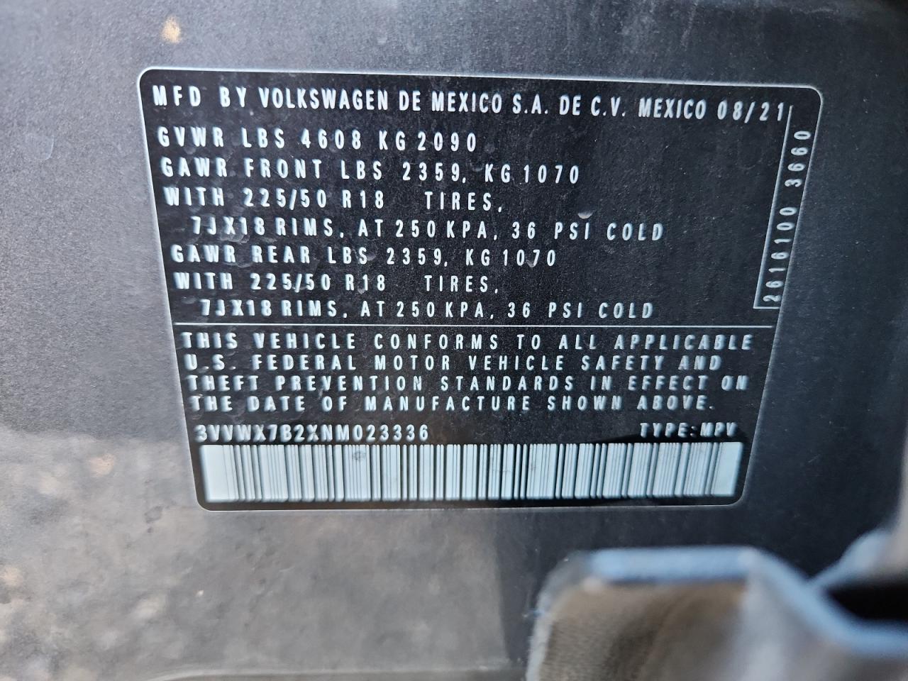 2022 Volkswagen Taos Se VIN: 3VVWX7B2XNM023336 Lot: 91832205