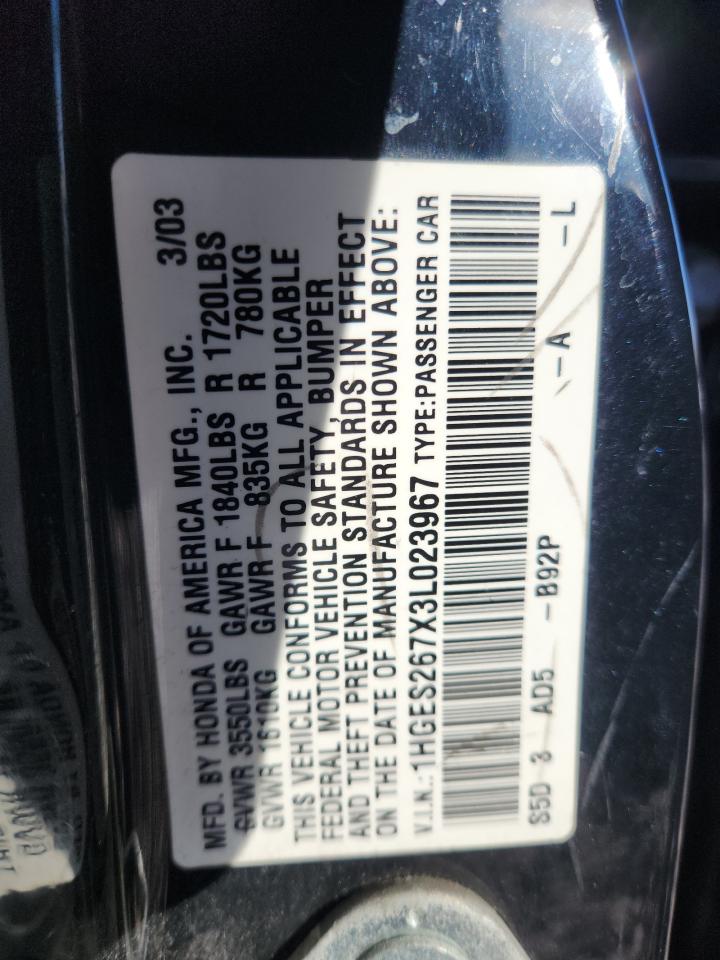 2003 Honda Civic Ex VIN: 1HGES267X3L023967 Lot: 92072355