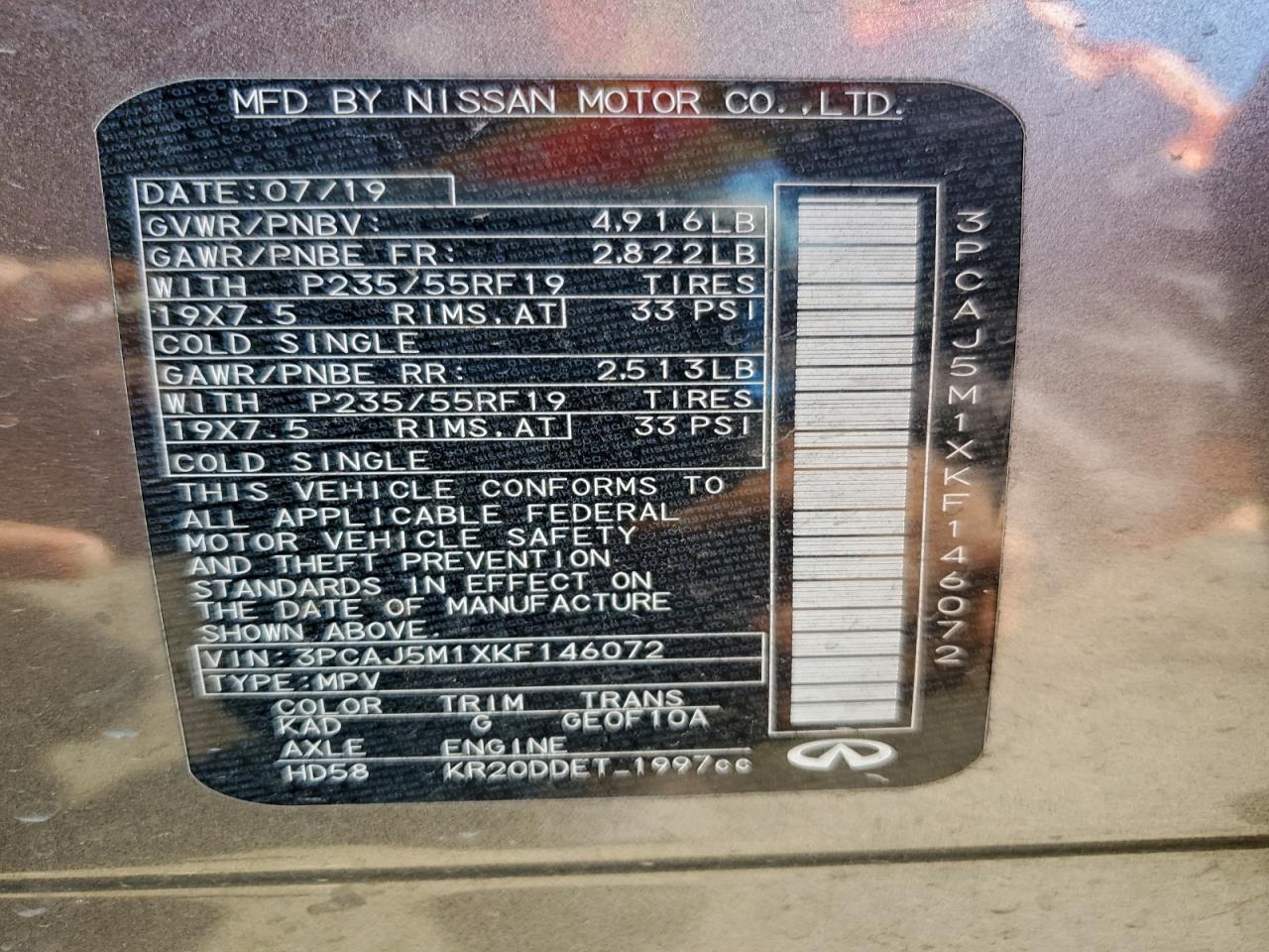 2019 Infiniti Qx50 Essential VIN: 3PCAJ5M1XKF146072 Lot: 93410075