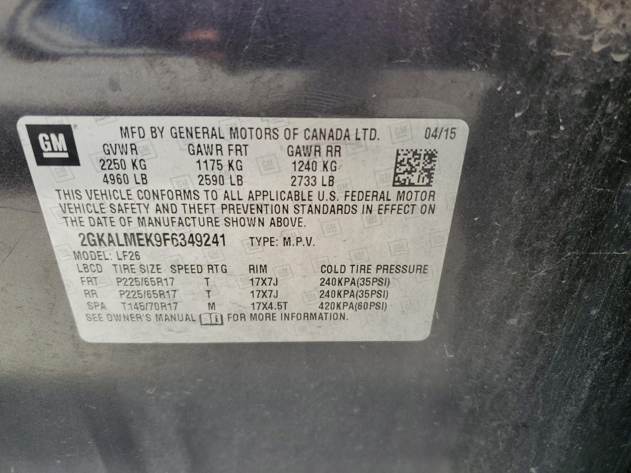 2015 GMC Terrain Sle VIN: 2GKALMEK9F6349241 Lot: 91376095