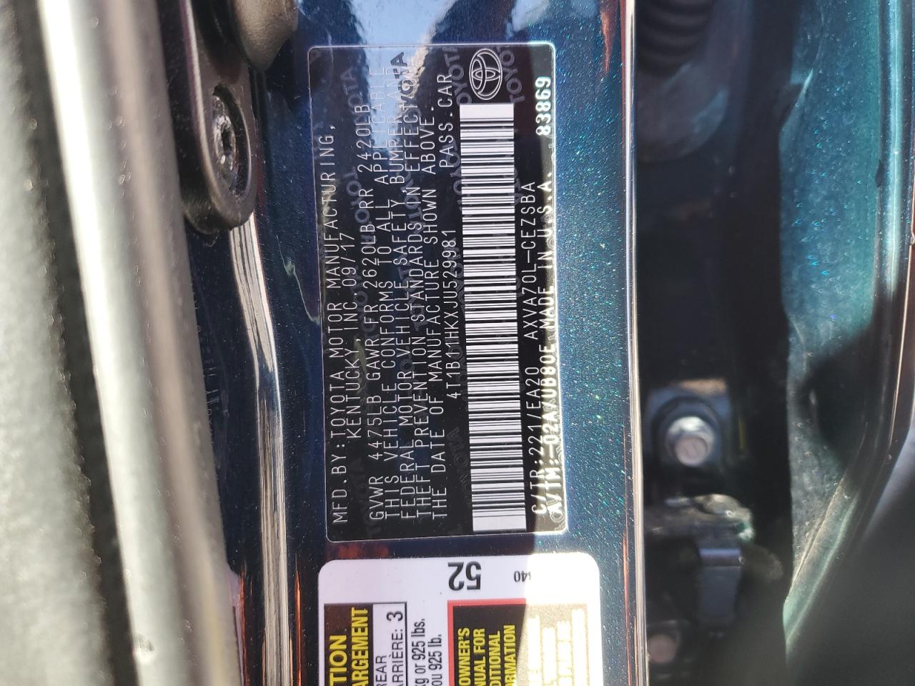 2018 Toyota Camry L VIN: 4T1B11HKXJU529981 Lot: 91470505