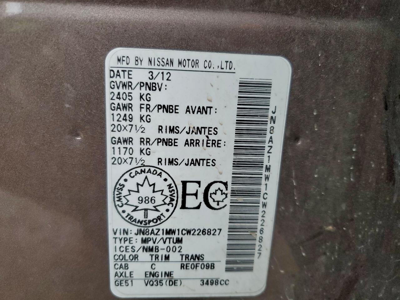 2012 Nissan Murano S VIN: JN8AZ1MW1CW226827 Lot: 94797695