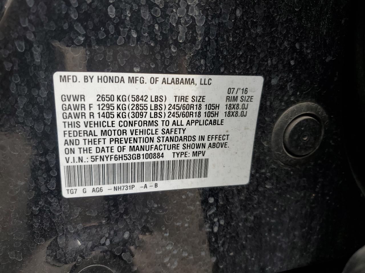 2016 Honda Pilot Exl VIN: 5FNYF6H53GB100884 Lot: 90532355