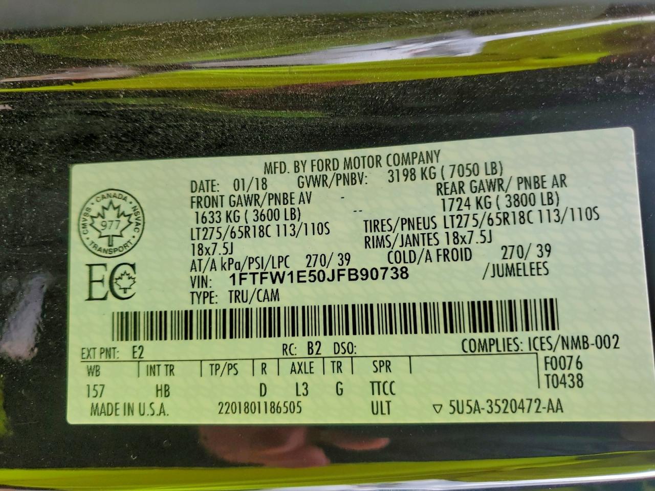 2018 Ford F150 Supercrew VIN: 1FTFW1E50JFB90738 Lot: 94298065
