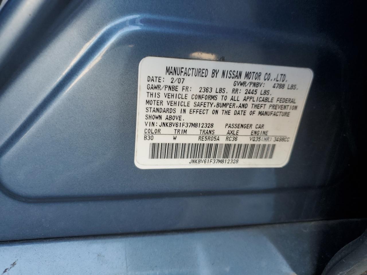 2007 Infiniti G35 VIN: JNKBV61F37M812328 Lot: 92117085