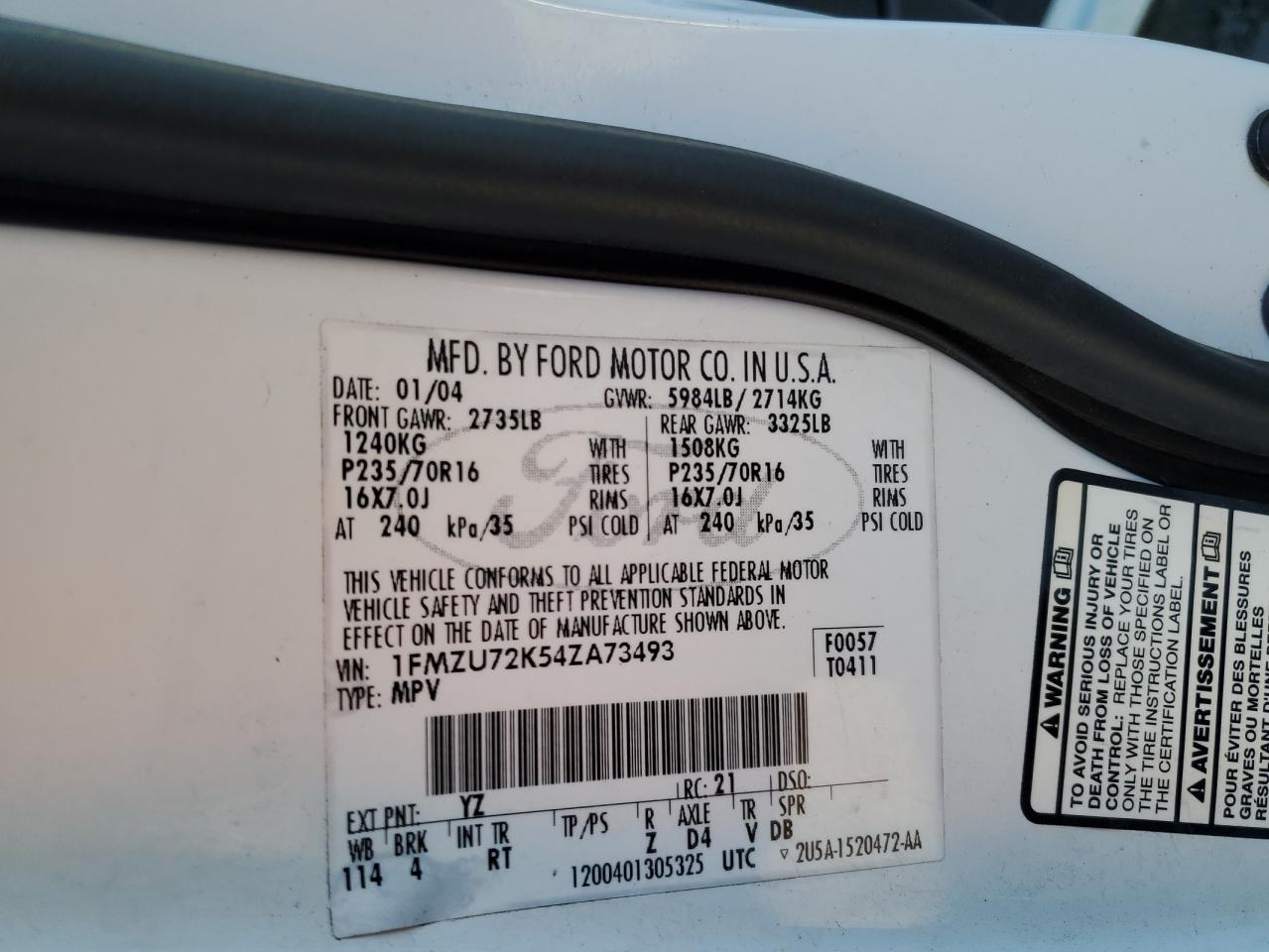 2004 Ford Explorer Xls VIN: 1FMZU72K54ZA73493 Lot: 92523555