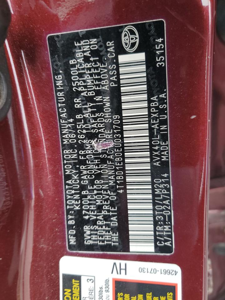 2014 Toyota Avalon Hybrid VIN: 4T1BD1EB0EU031709 Lot: 92599275