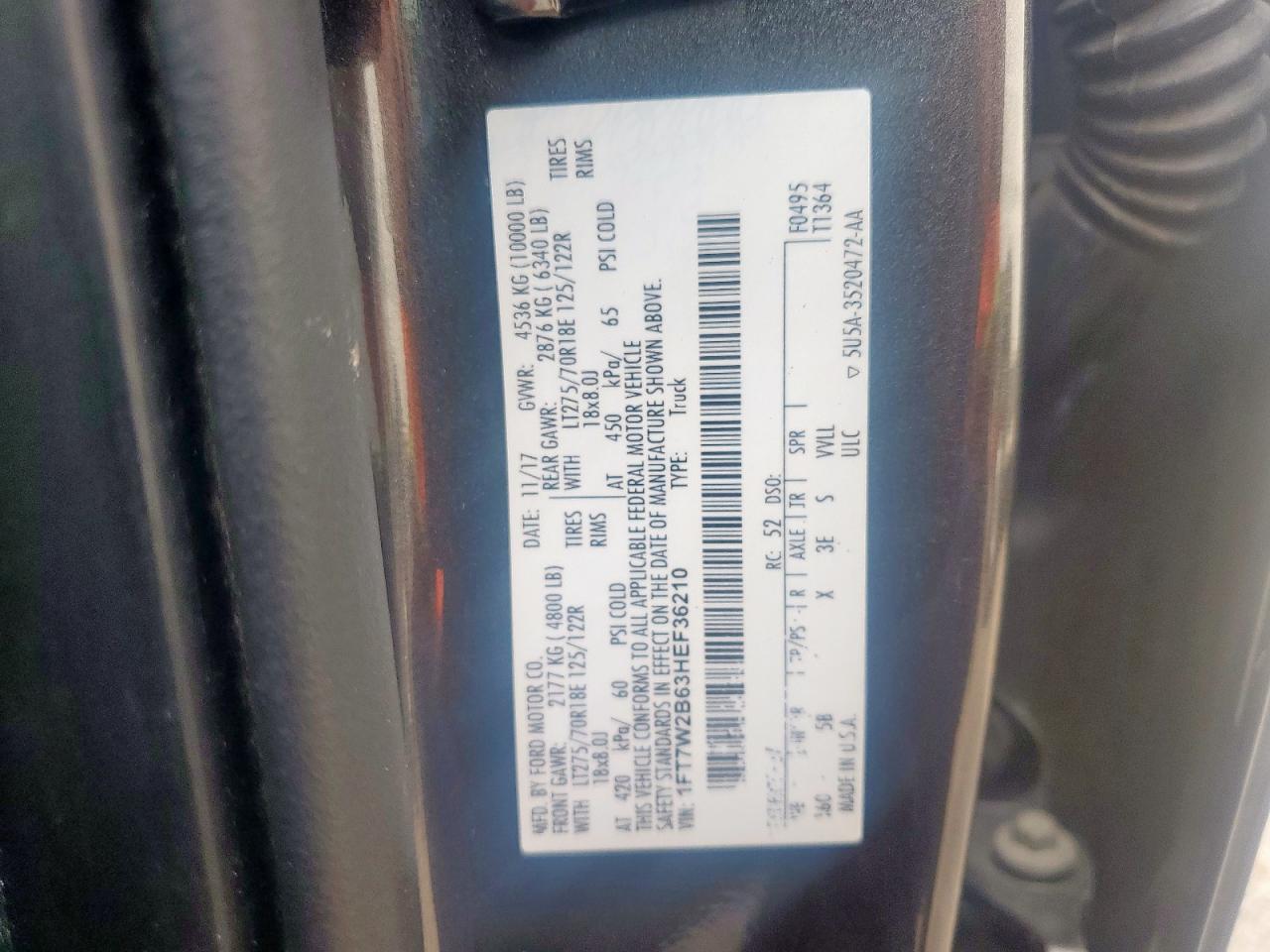 2017 Ford F250 Super Duty VIN: 1FT7W2B63HEF36210 Lot: 92738285