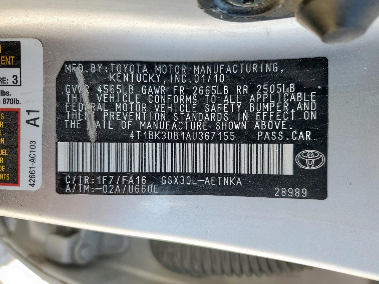 2010 Toyota Avalon Xl VIN: 4T1BK3DB1AU367155 Lot: 91928145