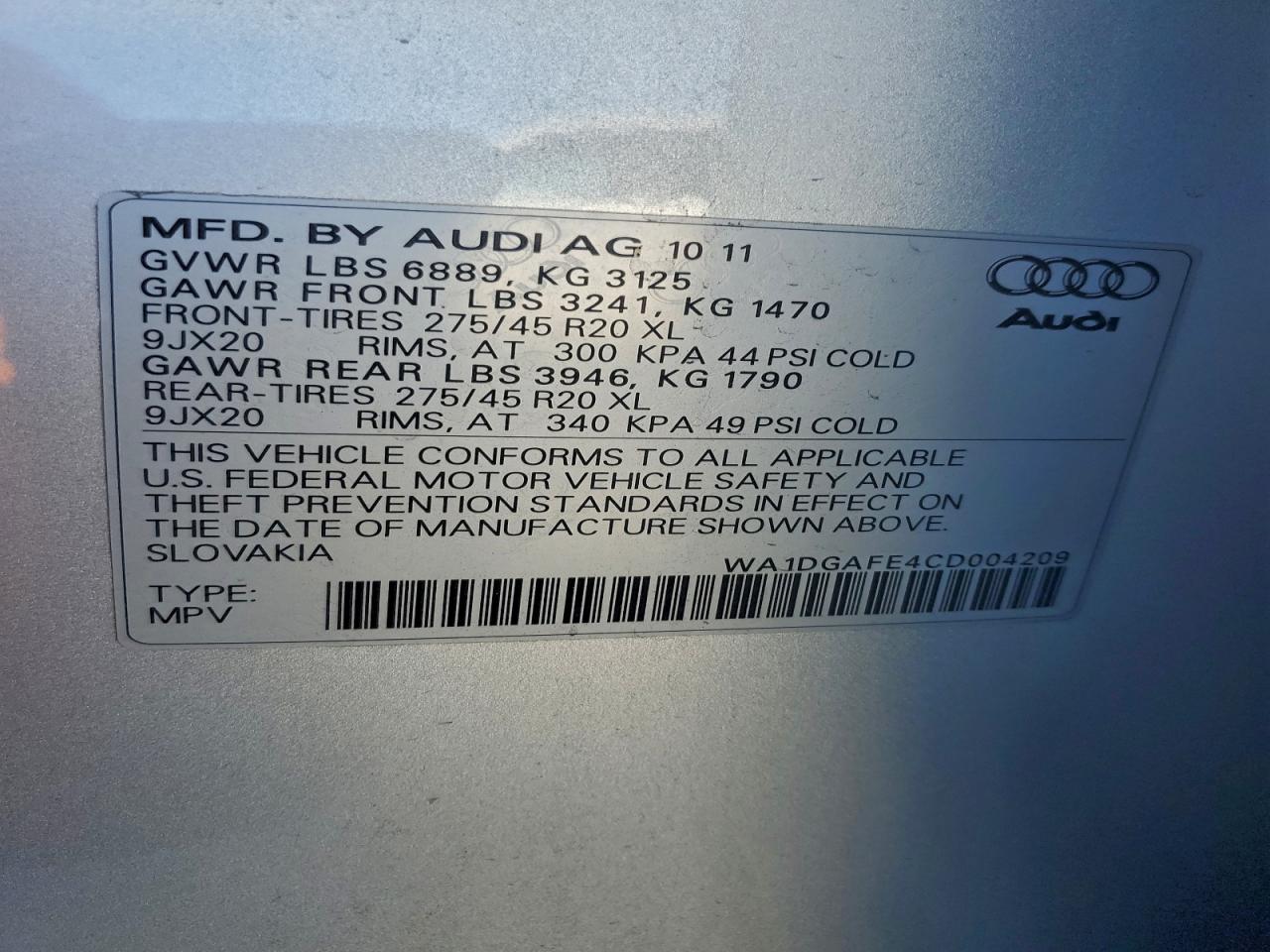 2012 Audi Q7 Prestige VIN: WA1DGAFE4CD004209 Lot: 93494965