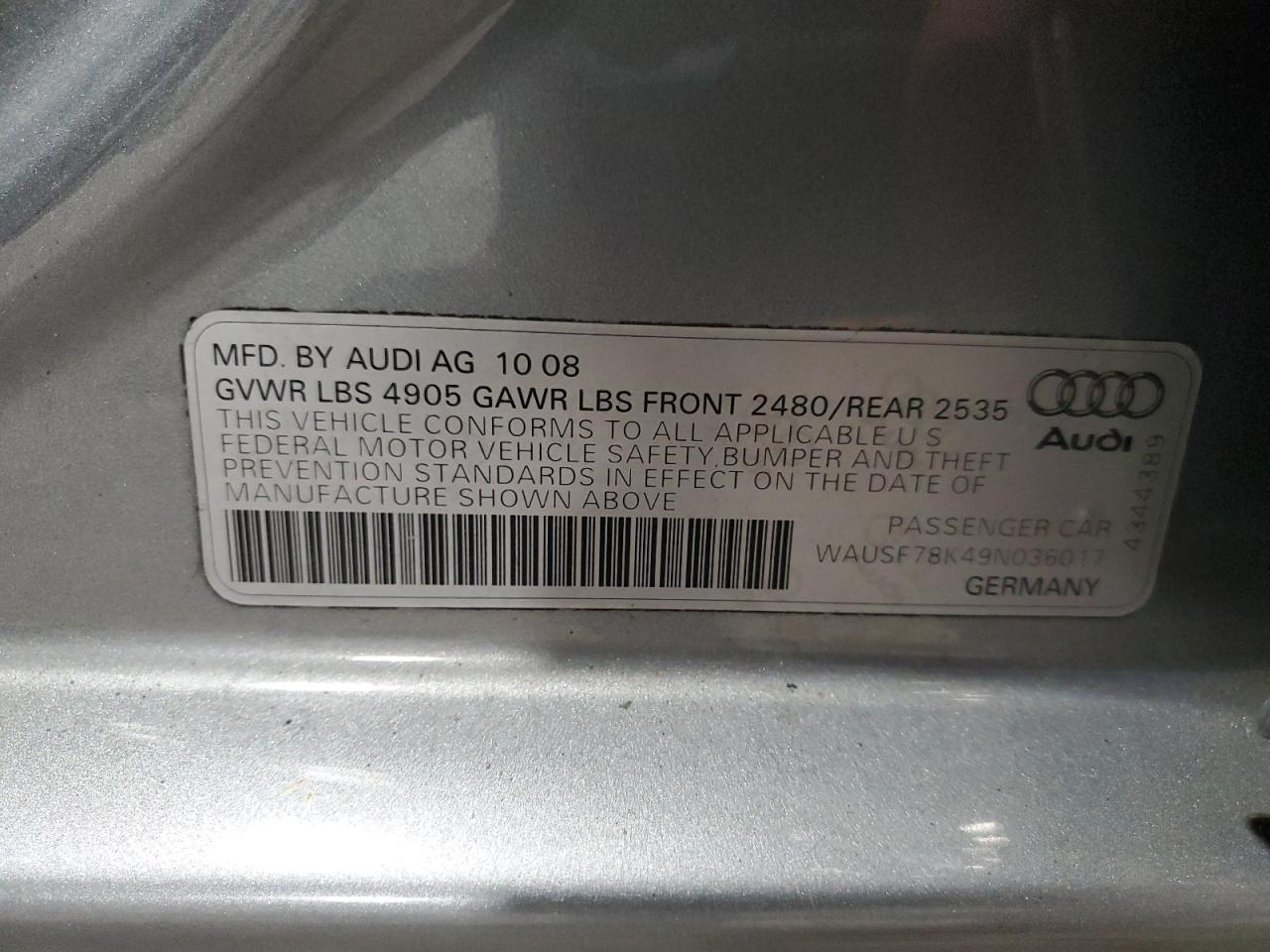 2009 Audi A4 Premium Plus VIN: WAUSF78K49N036017 Lot: 92504245