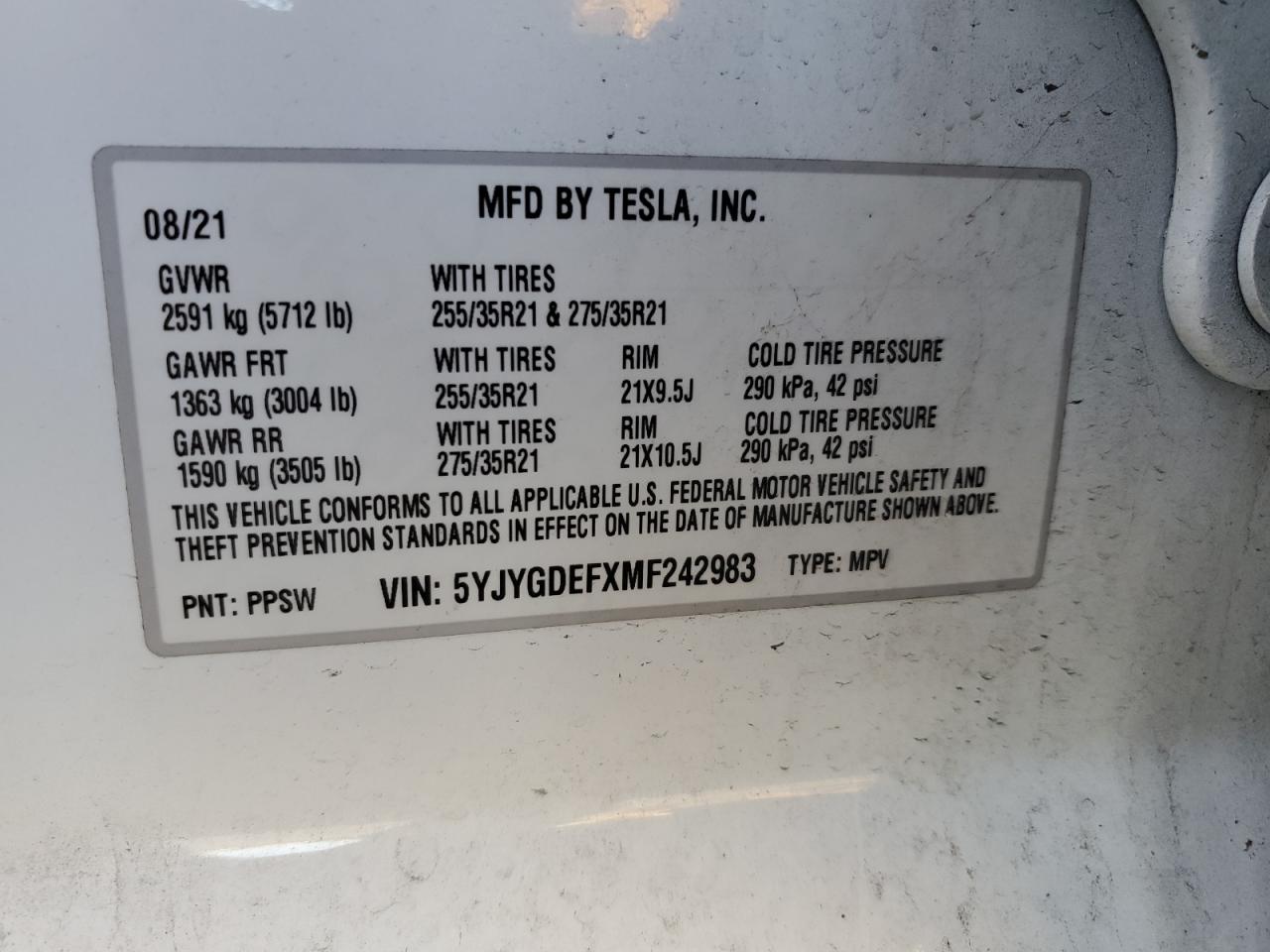 2021 Tesla Model Y VIN: 5YJYGDEFXMF242983 Lot: 93425545