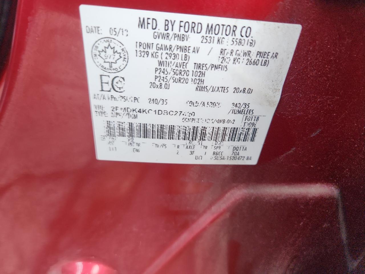 2013 Ford Edge Limited VIN: 2FMDK4KC1DBC27420 Lot: 92432255