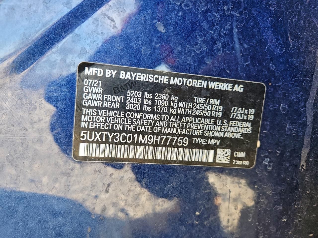 2021 BMW X3 Sdrive30I VIN: 5UXTY3C01M9H77759 Lot: 94018775