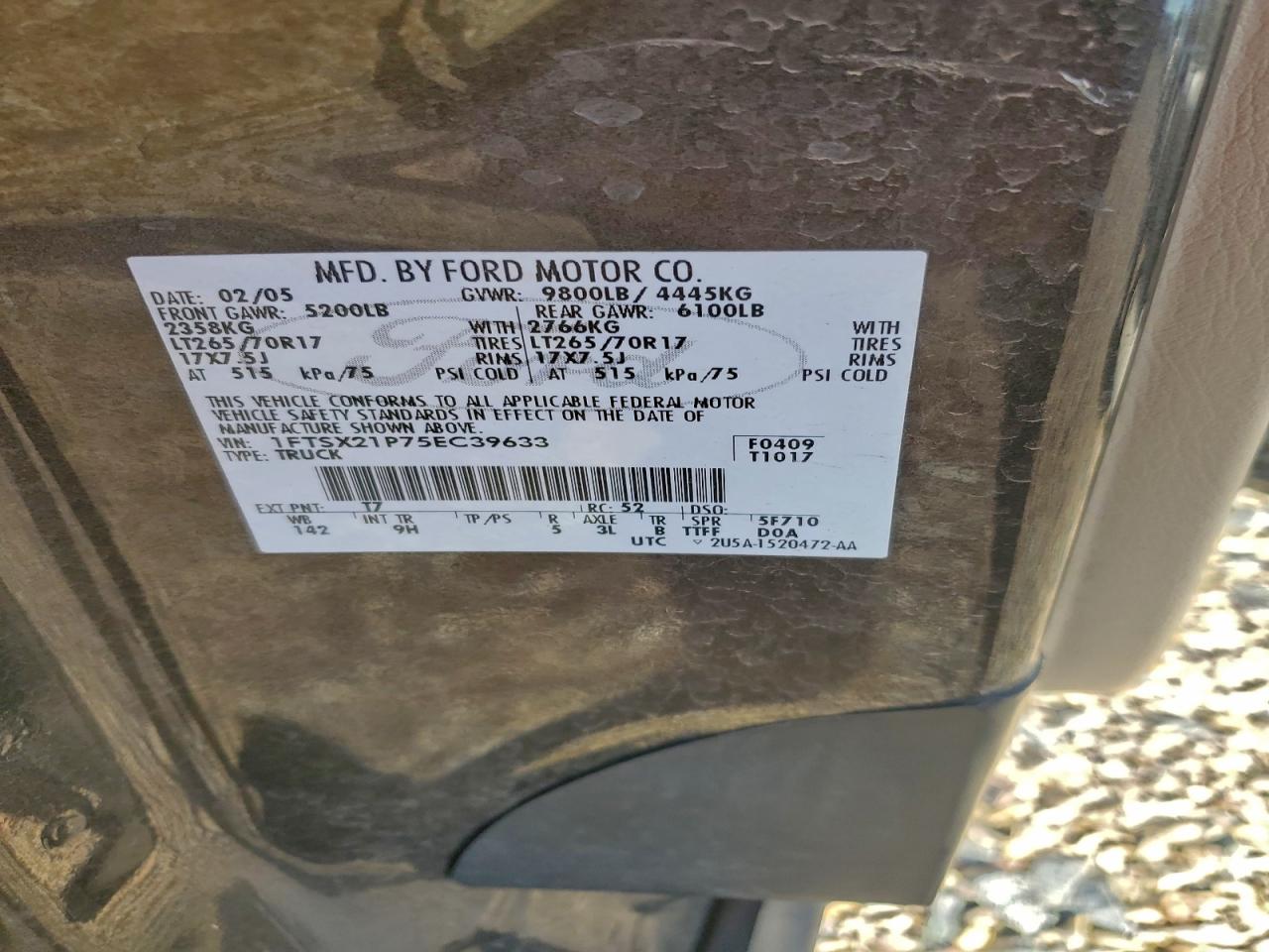 2005 Ford F250 Super Duty VIN: 1FTSX21P75EC39633 Lot: 92358115