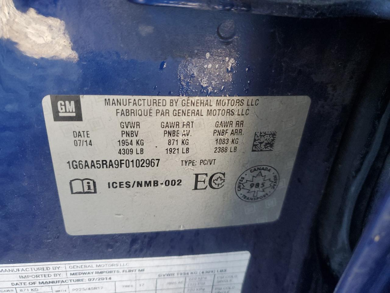 2015 Cadillac Ats VIN: 1G6AA5RA9F0102967 Lot: 93483455