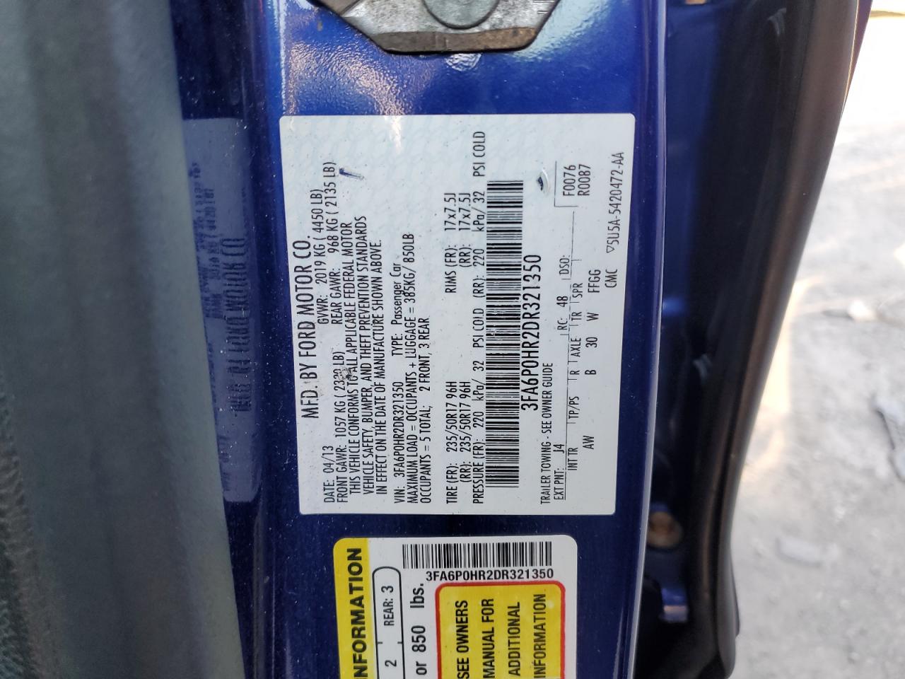 2013 Ford Fusion Se VIN: 3FA6P0HR2DR321350 Lot: 91077295