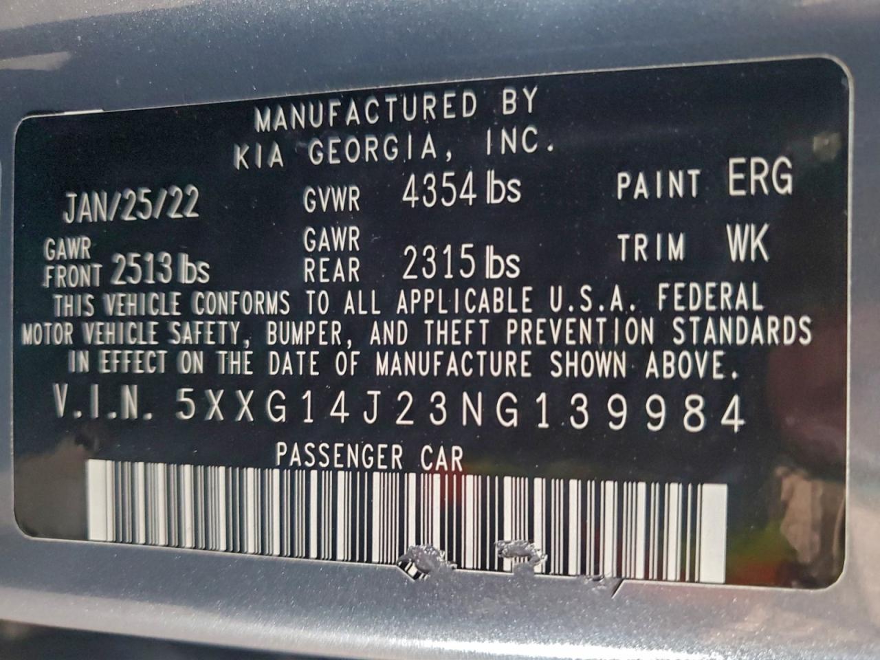 2022 Kia K5 Lxs VIN: 5XXG14J23NG139984 Lot: 93440825