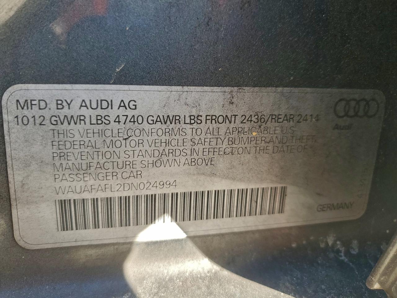 2013 Audi A4 Premium VIN: WAUAFAFL2DN024994 Lot: 89640185