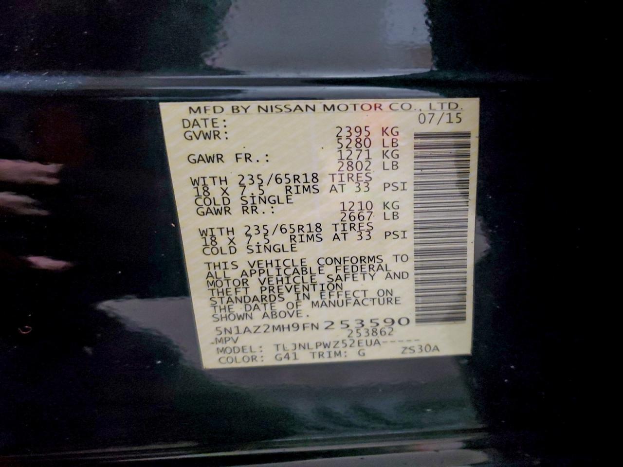 2015 Nissan Murano S VIN: 5N1AZ2MH9FN253590 Lot: 93718945