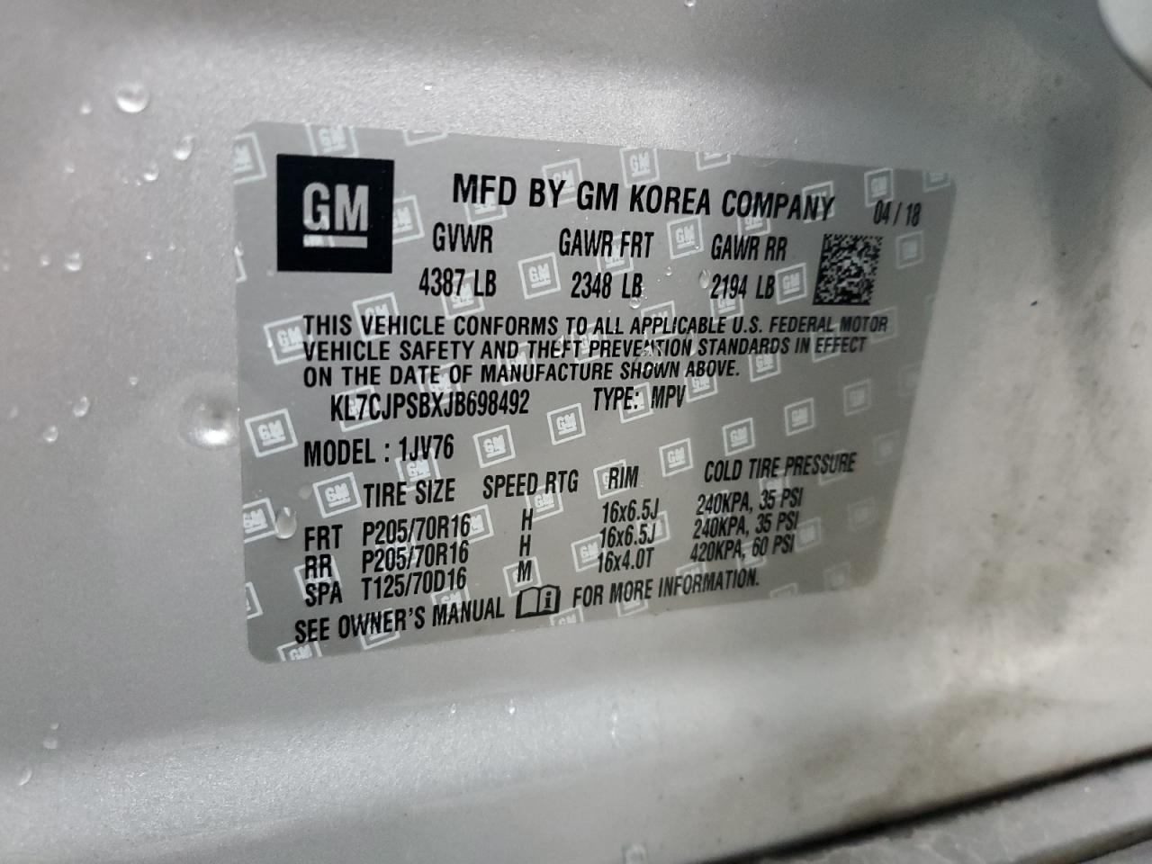 2018 Chevrolet Trax 1Lt VIN: KL7CJPSBXJB698492 Lot: 91794165