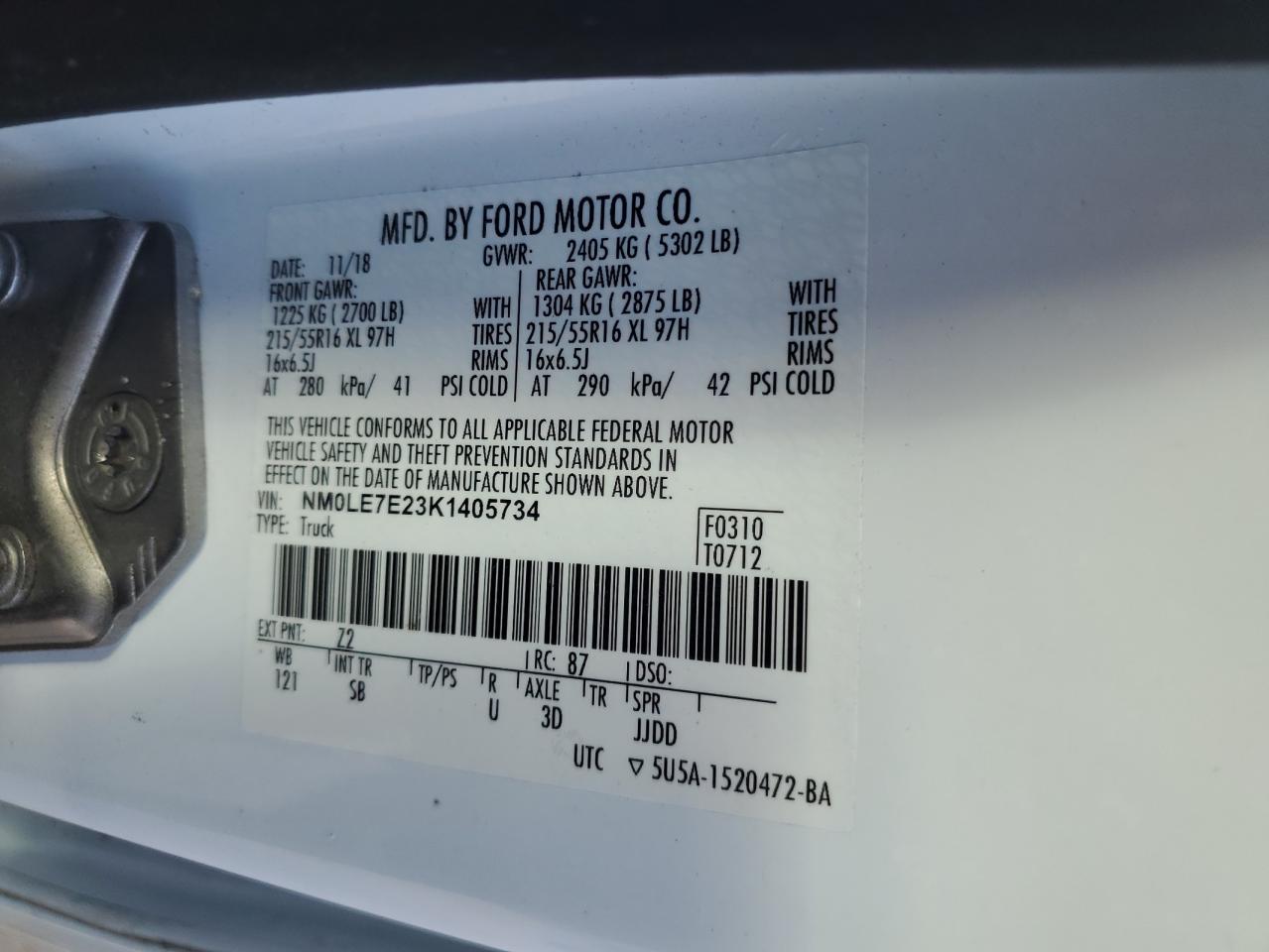 2019 Ford Transit Connect Xl VIN: NM0LE7E23K1405734 Lot: 91991735