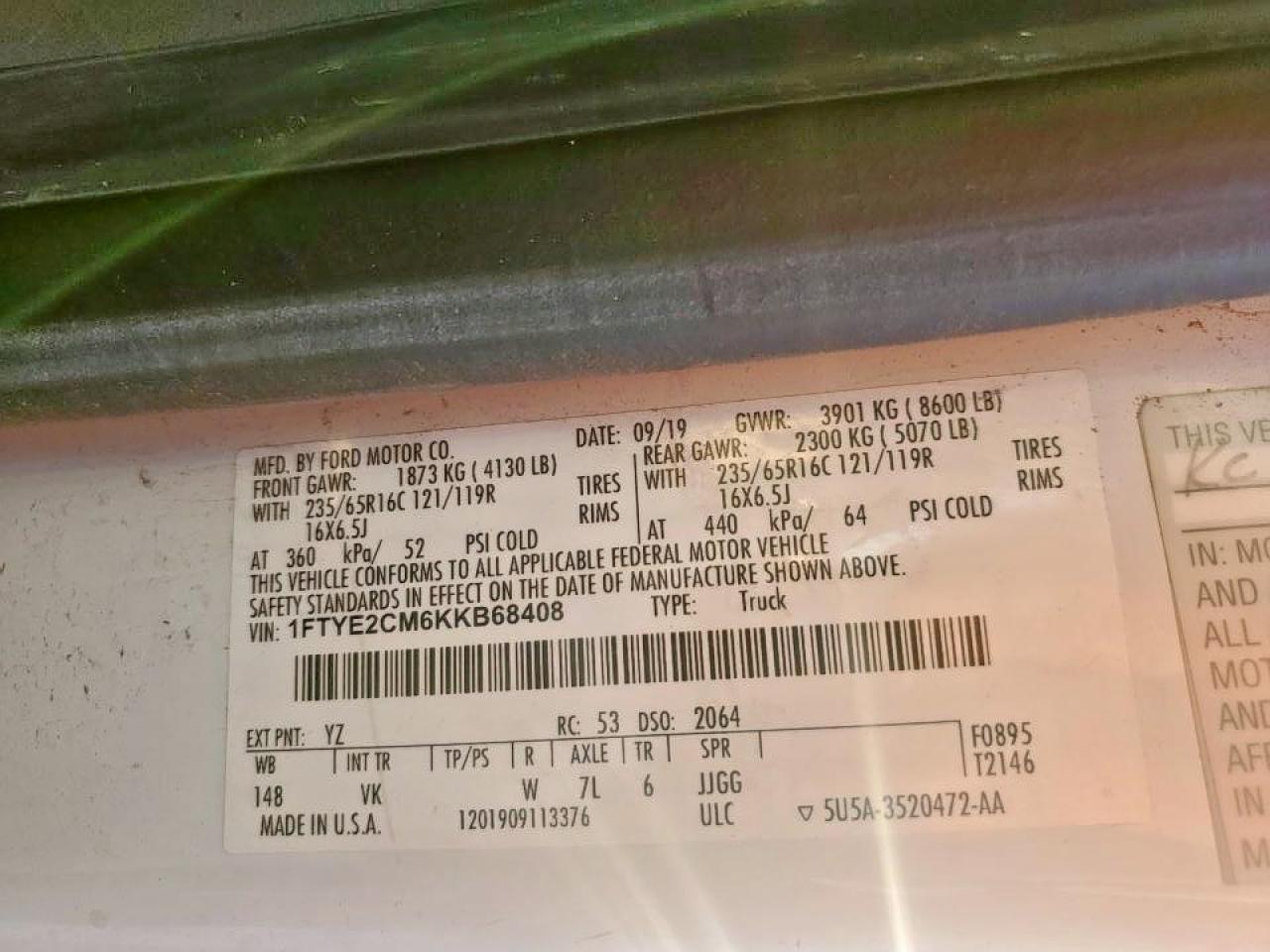 2019 Ford Transit Delivery Van VIN: 1FTYE2CM6KKB68408 Lot: 91373295