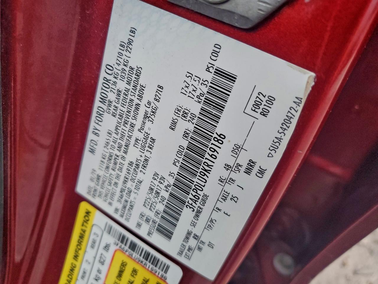 2019 Ford Fusion Se VIN: 3FA6P0LU9KR169186 Lot: 94687085