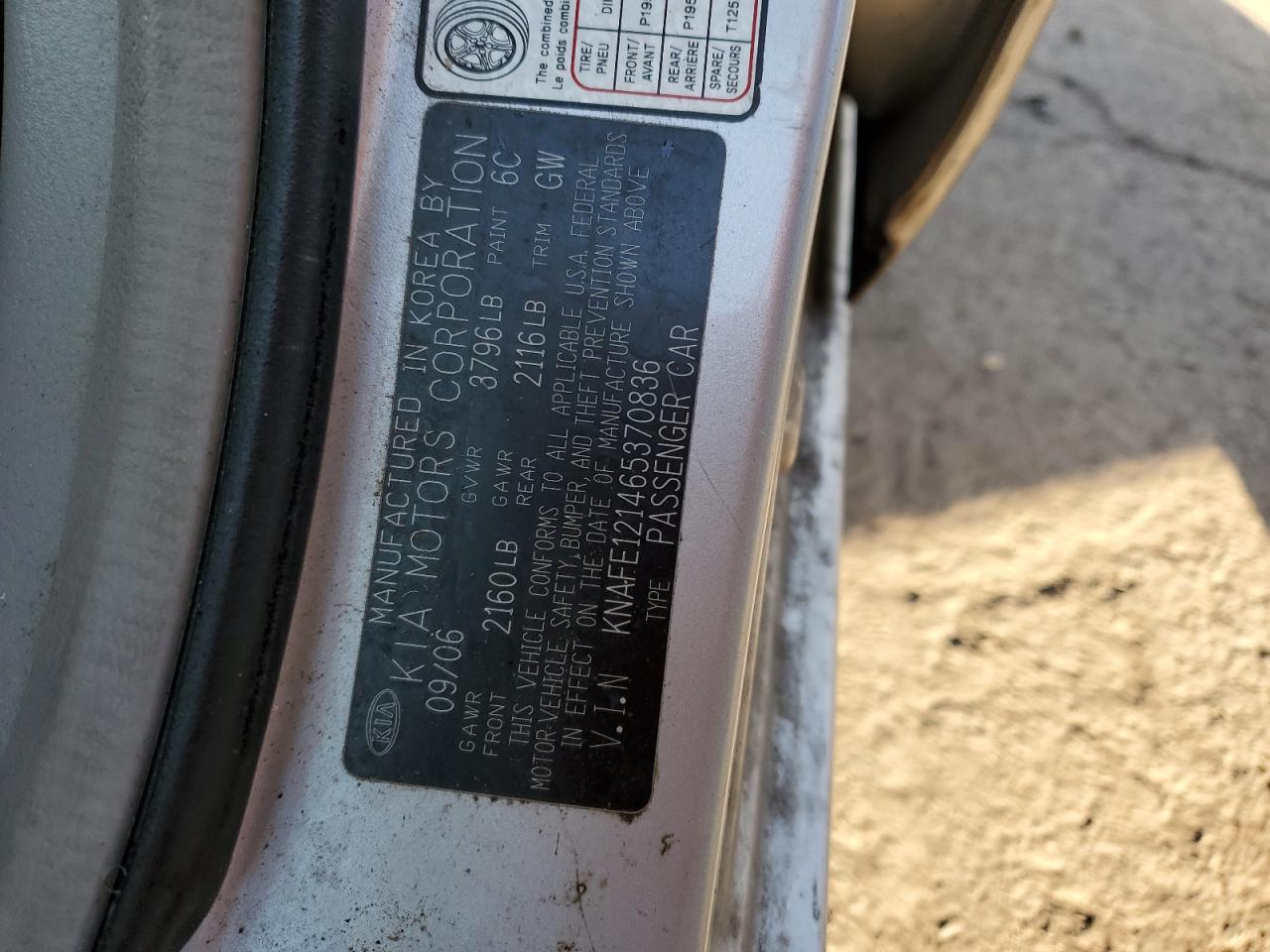 2006 Kia Spectra Lx VIN: KNAFE121465370836 Lot: 92010145