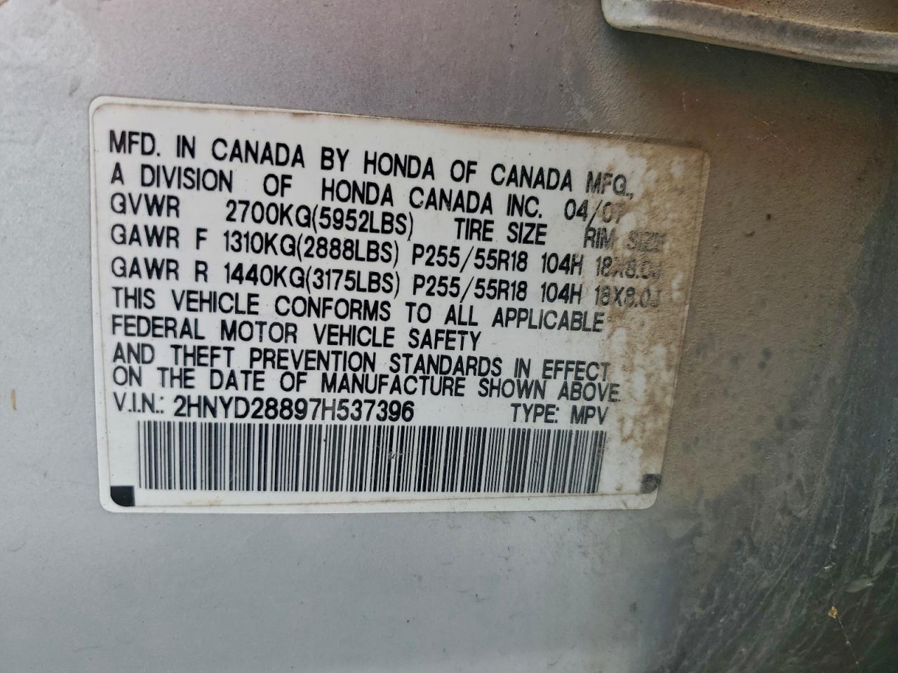 2007 Acura Mdx Sport VIN: 2HNYD28897H537396 Lot: 94075935