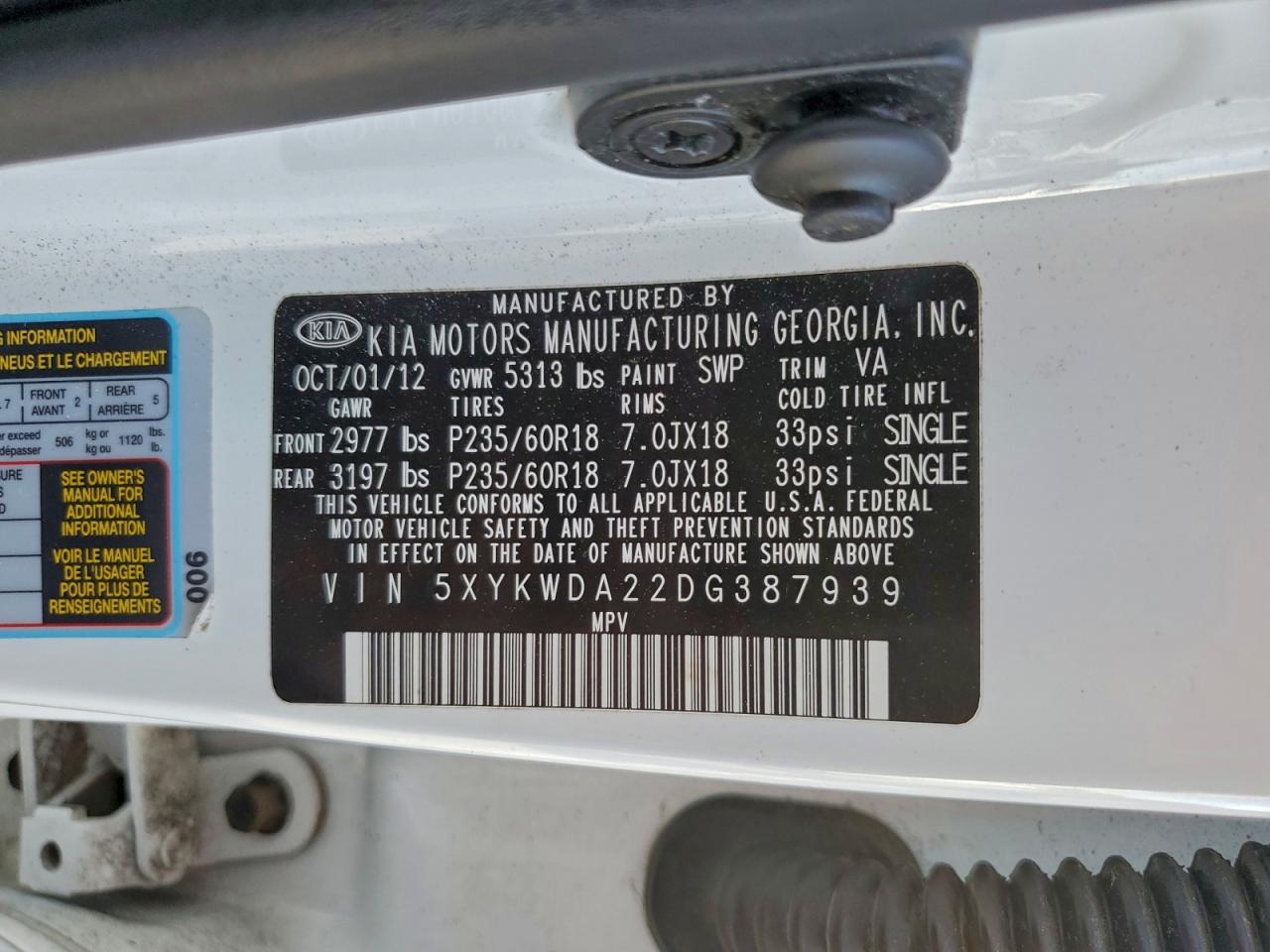 2013 Kia Sorento Sx VIN: 5XYKWDA22DG387939 Lot: 94291165