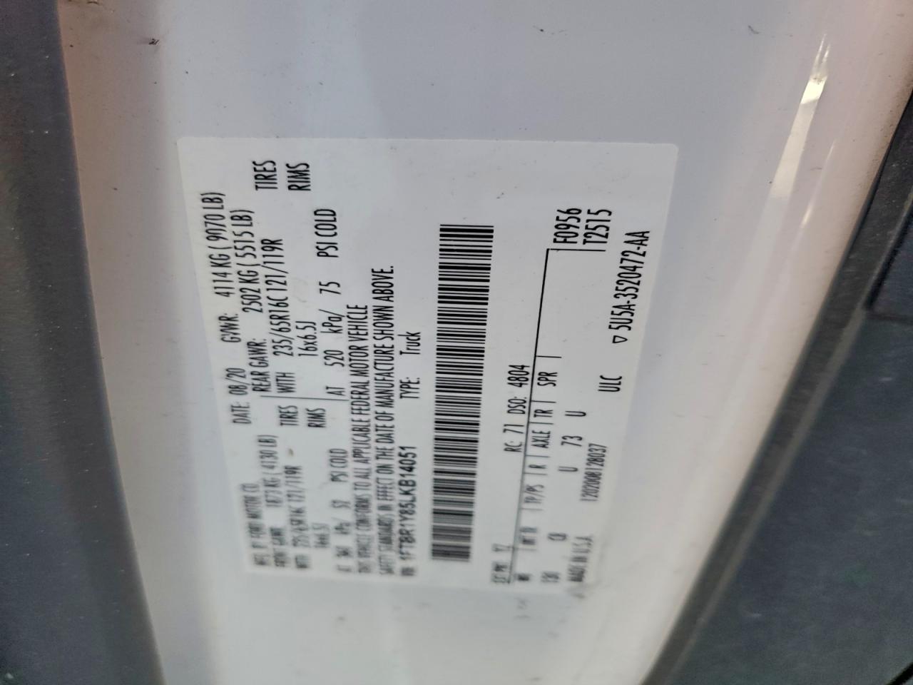 2020 Ford Transit T-250 VIN: 1FTBR1Y85LKB14051 Lot: 91630645