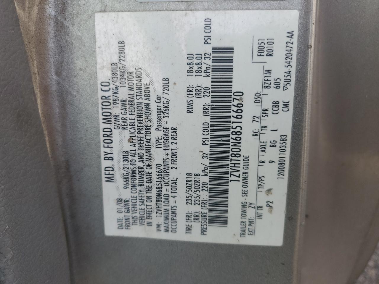 2008 Ford Mustang VIN: 1ZVHT80N685166670 Lot: 92061365