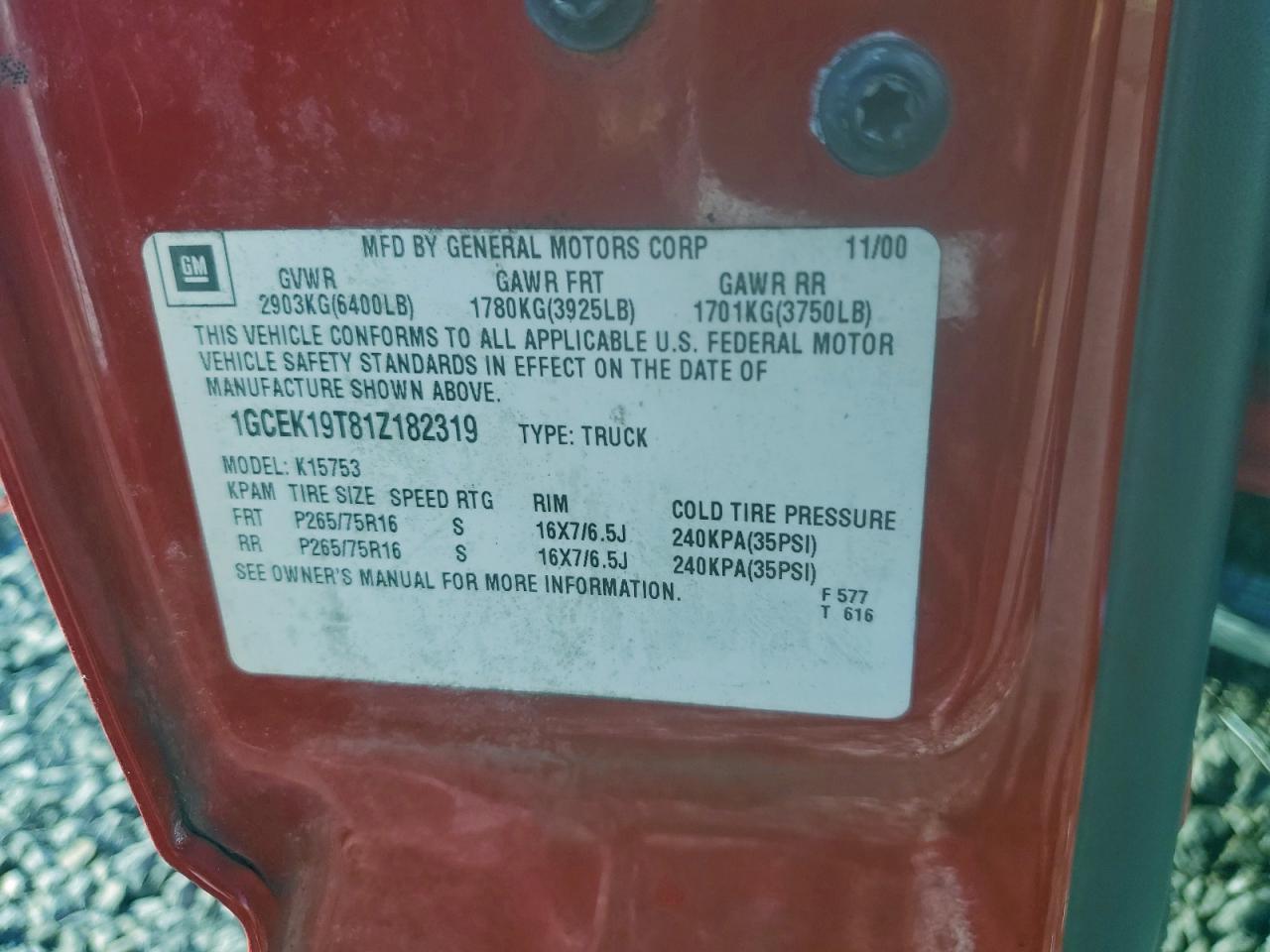 2001 Chevrolet Silverado K1500 VIN: 1GCEK19T81Z182319 Lot: 93452135