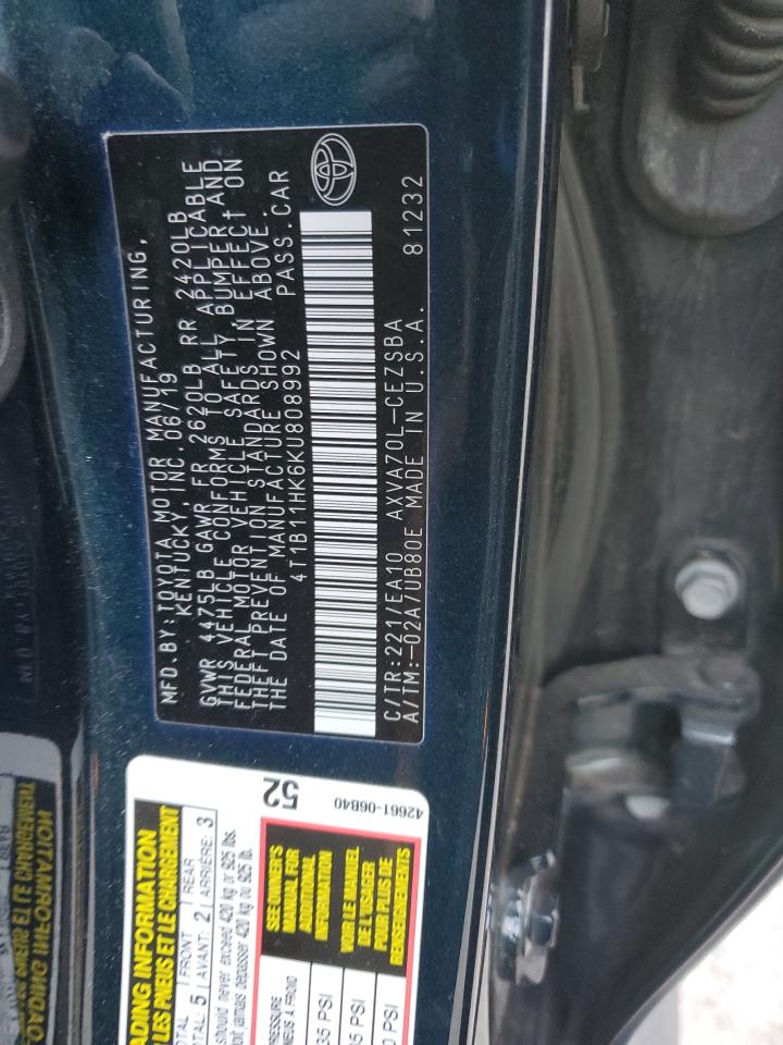 2019 Toyota Camry L VIN: 4T1B11HK6KU808992 Lot: 92576085