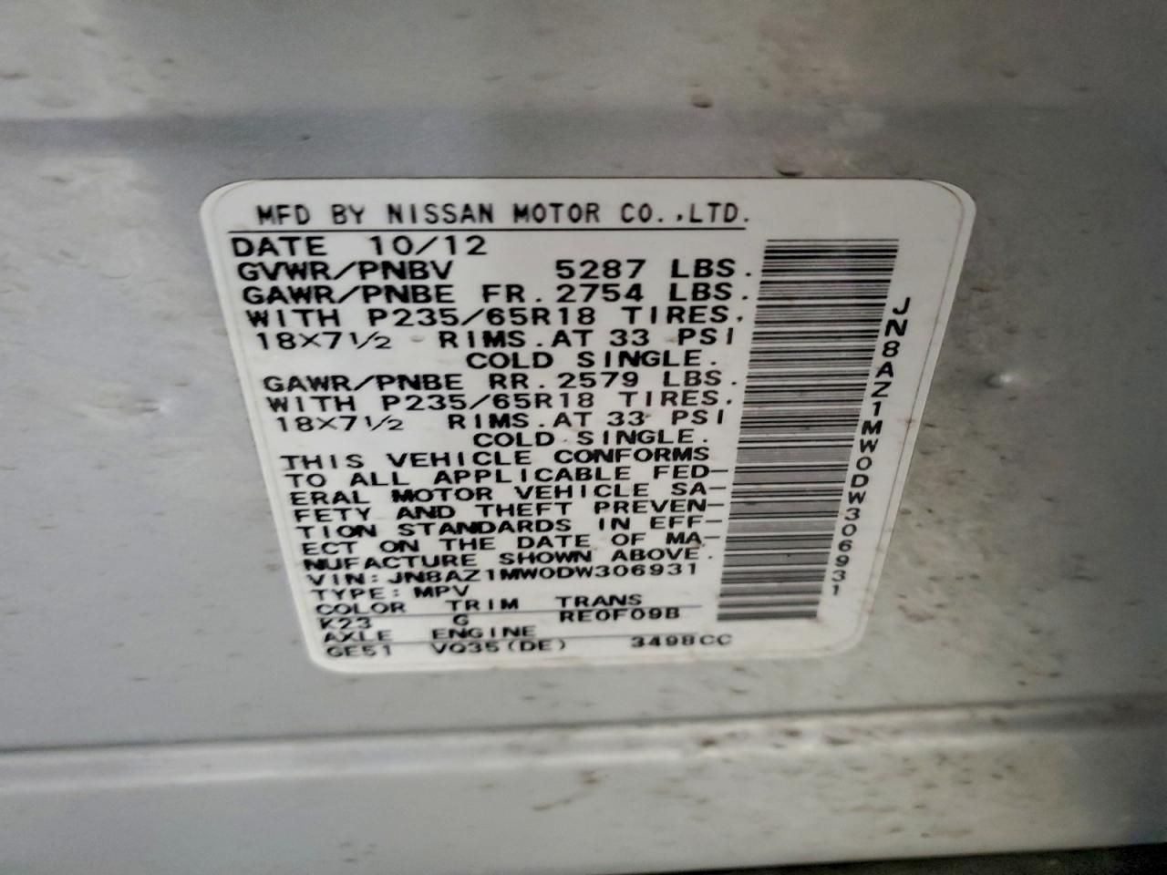 2013 Nissan Murano S VIN: JN8AZ1MW0DW306931 Lot: 94034975